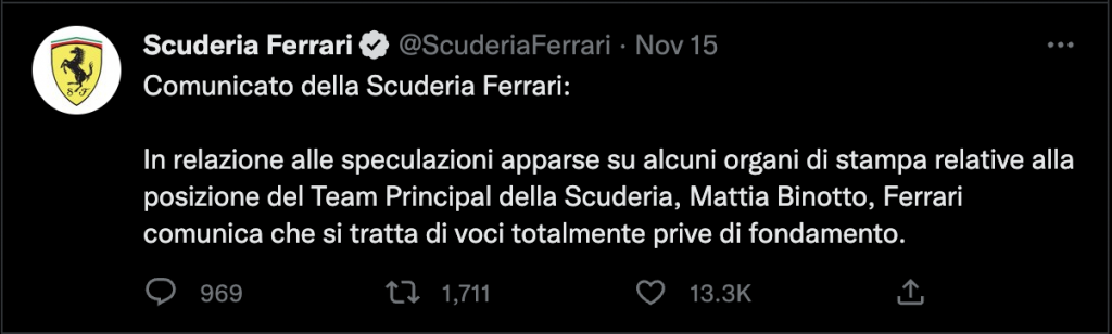 Ferrari F1 Tweet